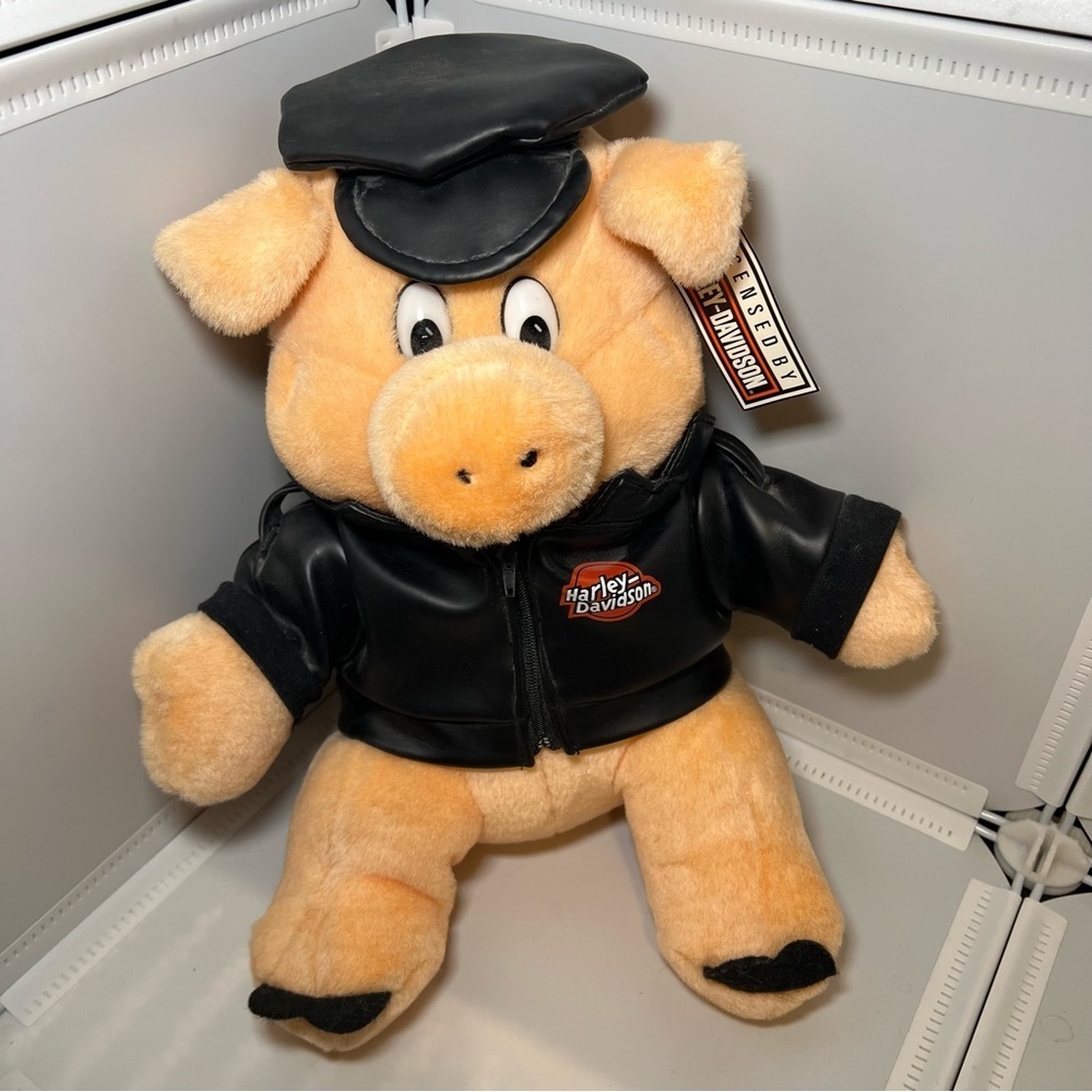 1993 Harley Davidson 13" Plush Hog/Pig - Faux Leather Hat & Jacket w/ Logo